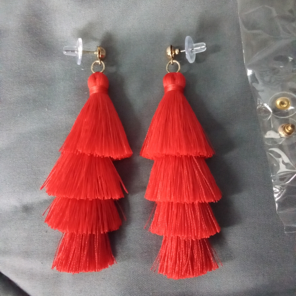 Red & Gold 4 Tier Tassel Earrings New in Package